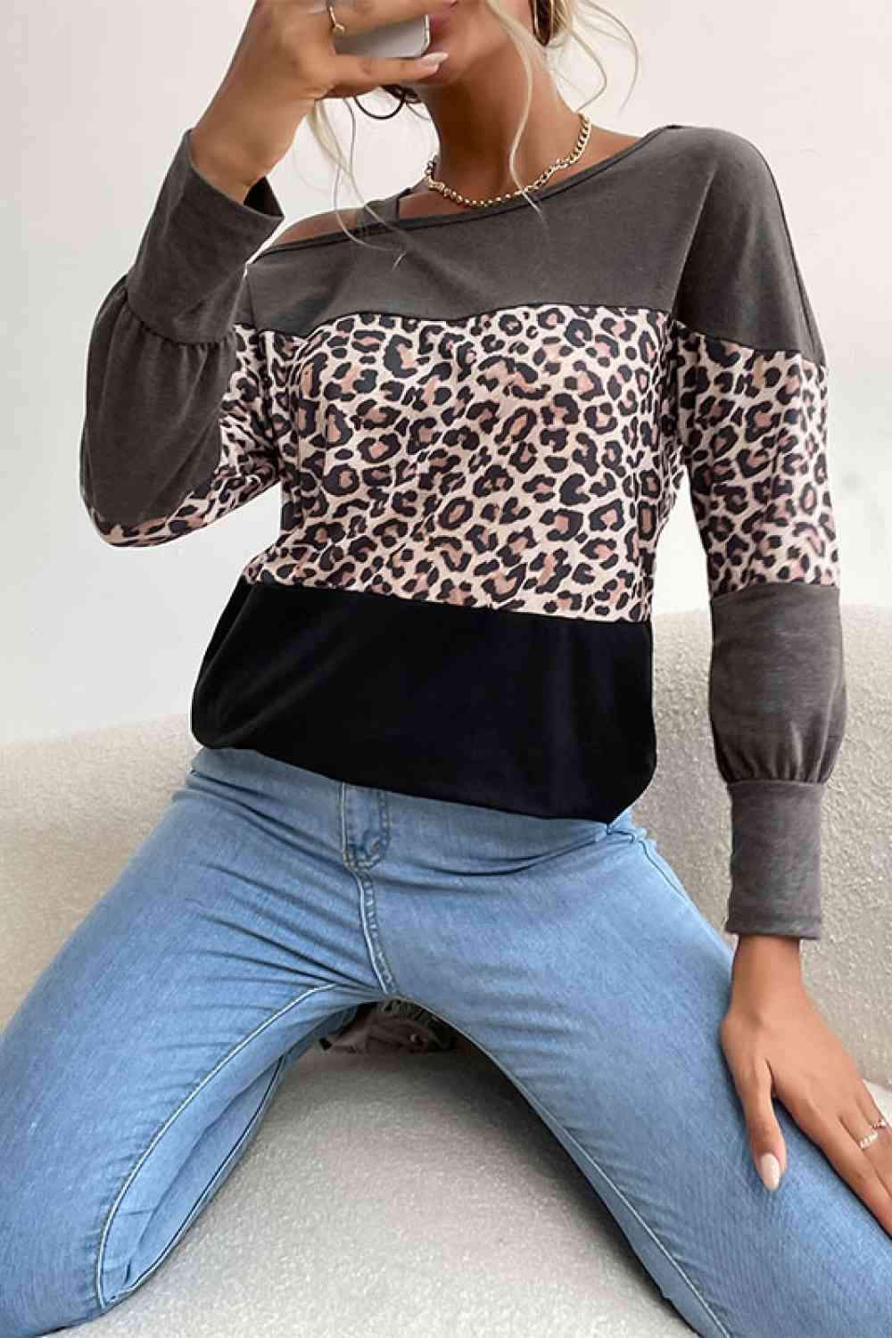 Leopard Print Color Block Cold Shoulder Top Blouses - Tophatter Daily Deals