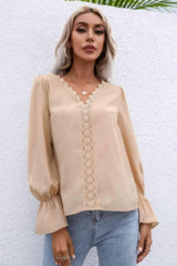 Lace Trim Flounce Sleeve Blouse Apricot Blouses - Tophatter Daily Deals