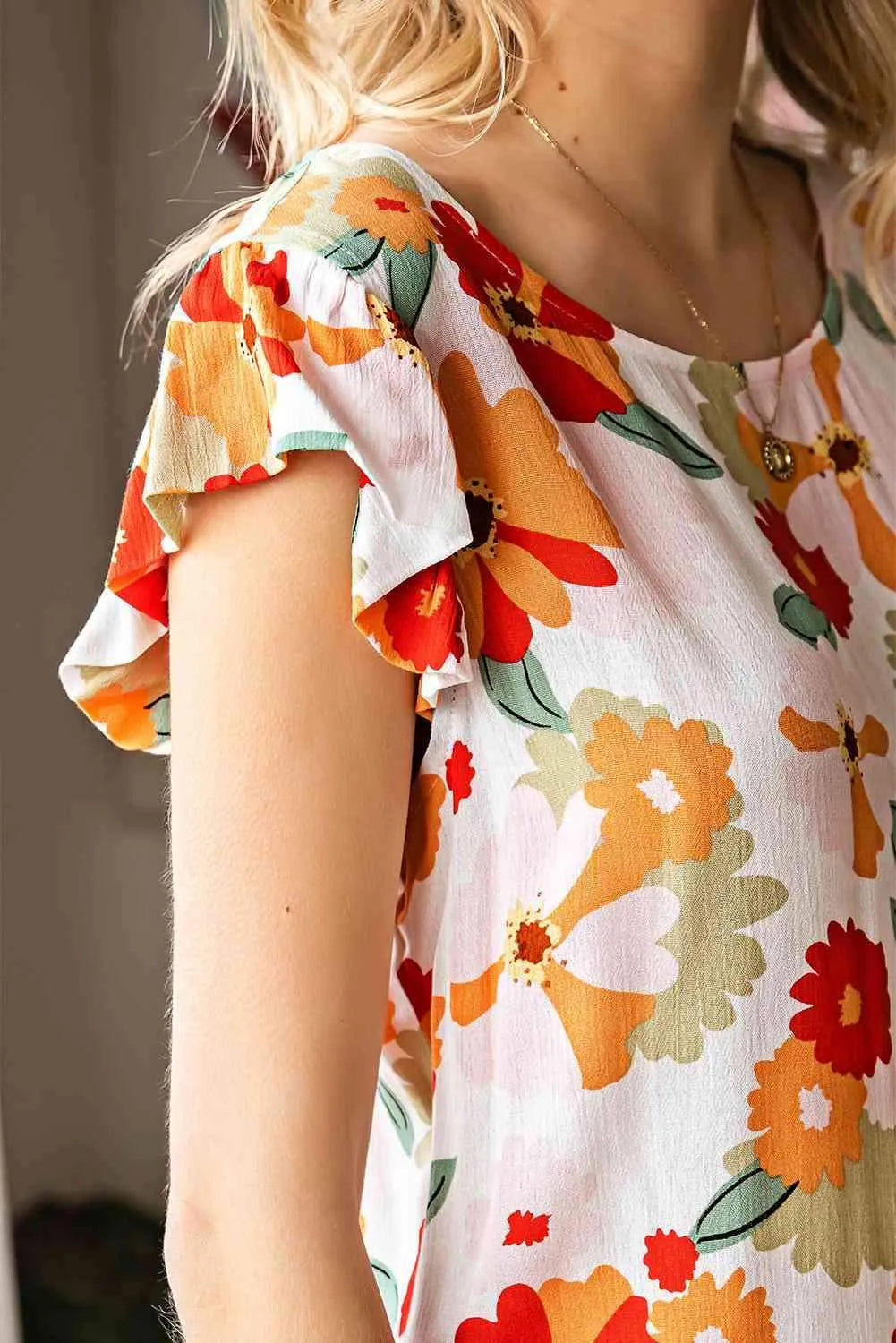 Floral Flutter Sleeve Round Neck Blouse Blouses - Tophatter Daily Deals