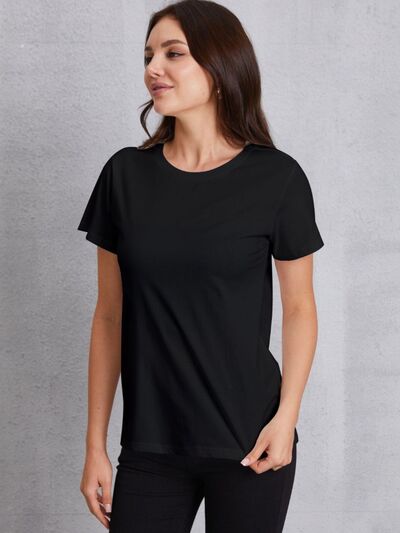 Round Neck Short Sleeve T-Shirt Black Women's T-Shirts - Tophatter Daily Deals