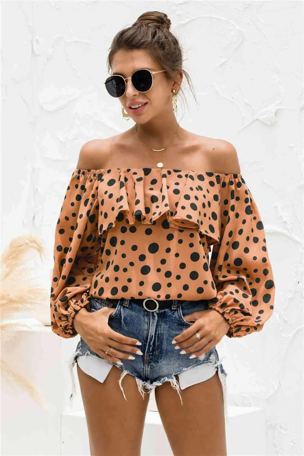 Polka Dot Off-Shoulder Layered Blouse Blouses - Tophatter Daily Deals