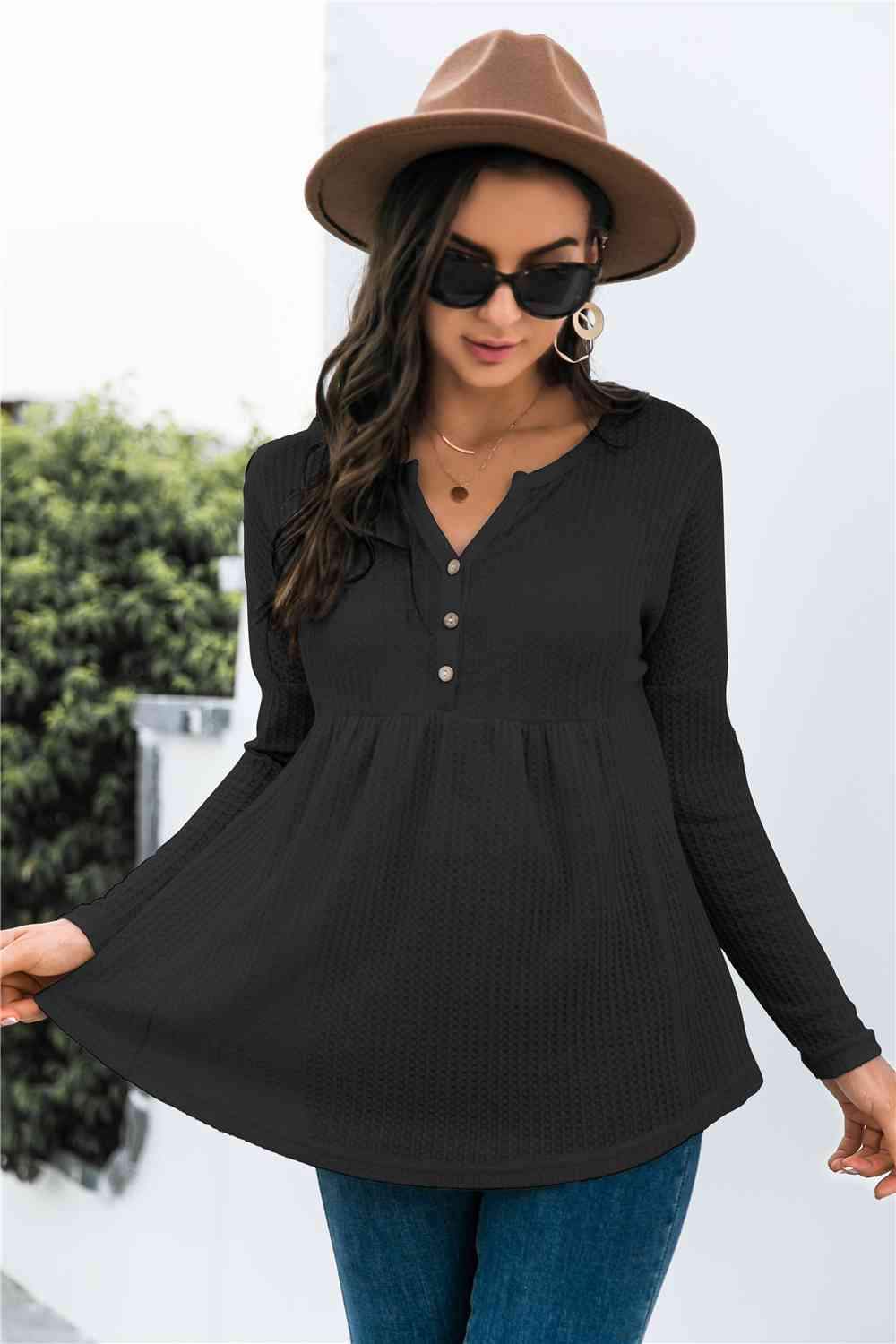 Button Front Waffle Knit Babydoll Top Blouses - Tophatter Daily Deals