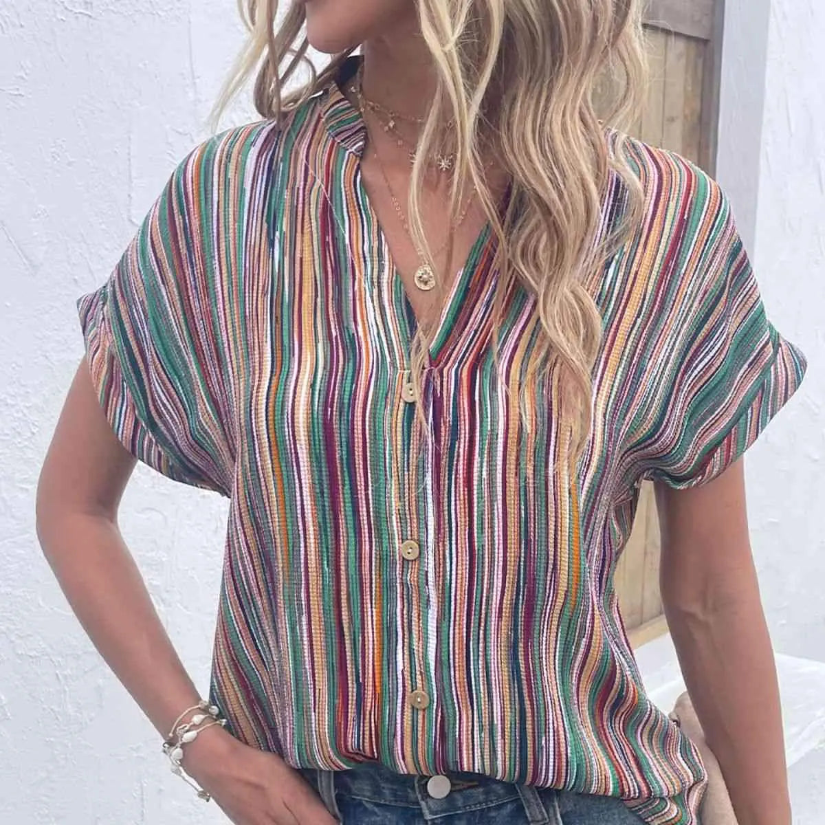 Multicolored Stripe Notched Neck Top Stripe Blouses - Tophatter Daily Deals