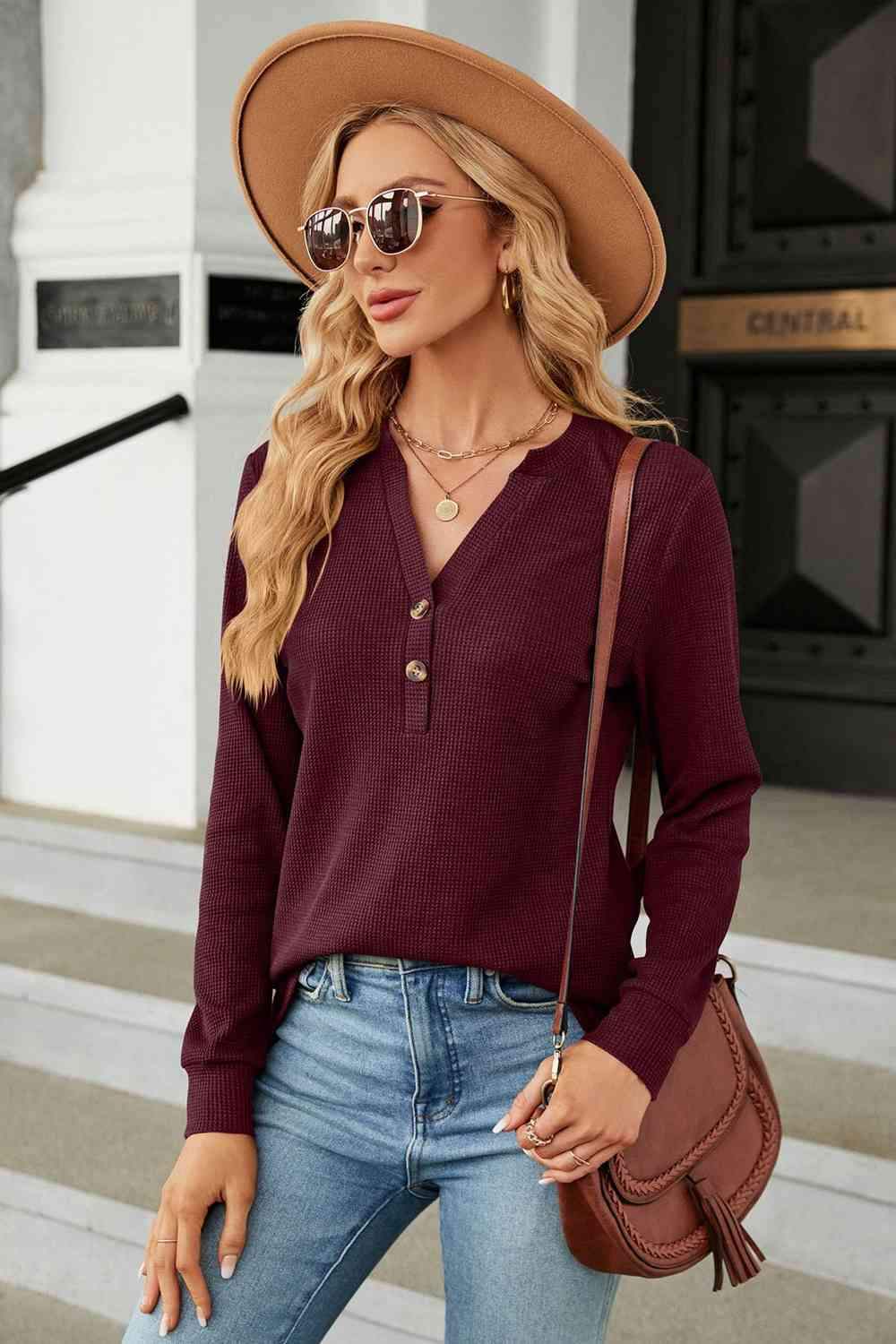 V-Neck Long Sleeve Blouse Wine Blouses - Tophatter Daily Deals