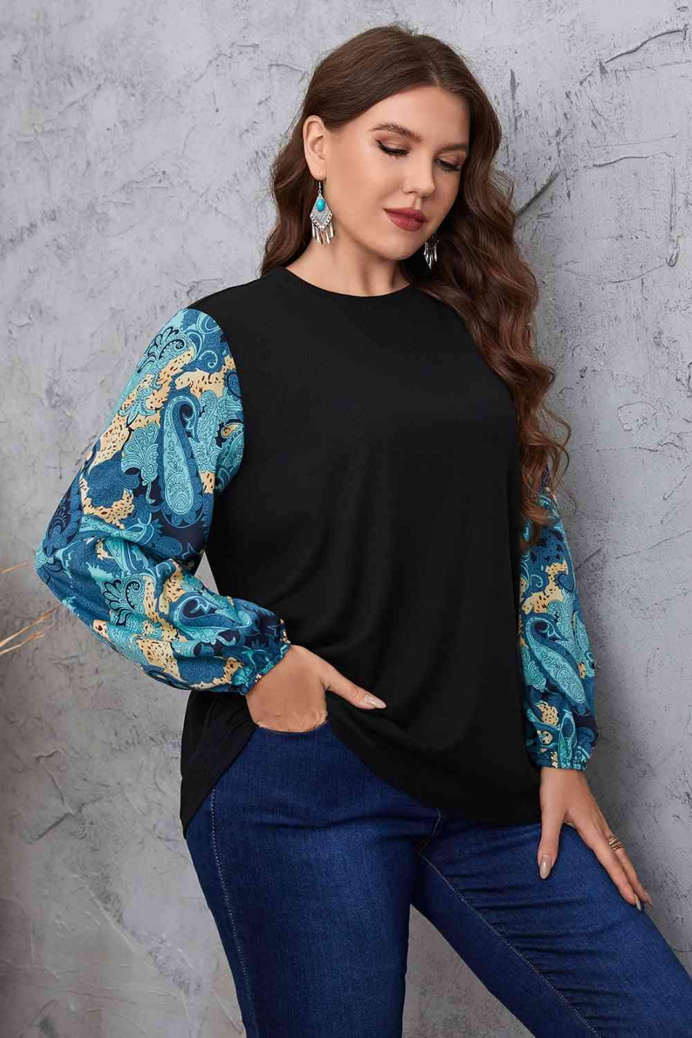 Melo Apparel Plus Size Printed Sleeve Round Neck Blouse Blouses - Tophatter Daily Deals