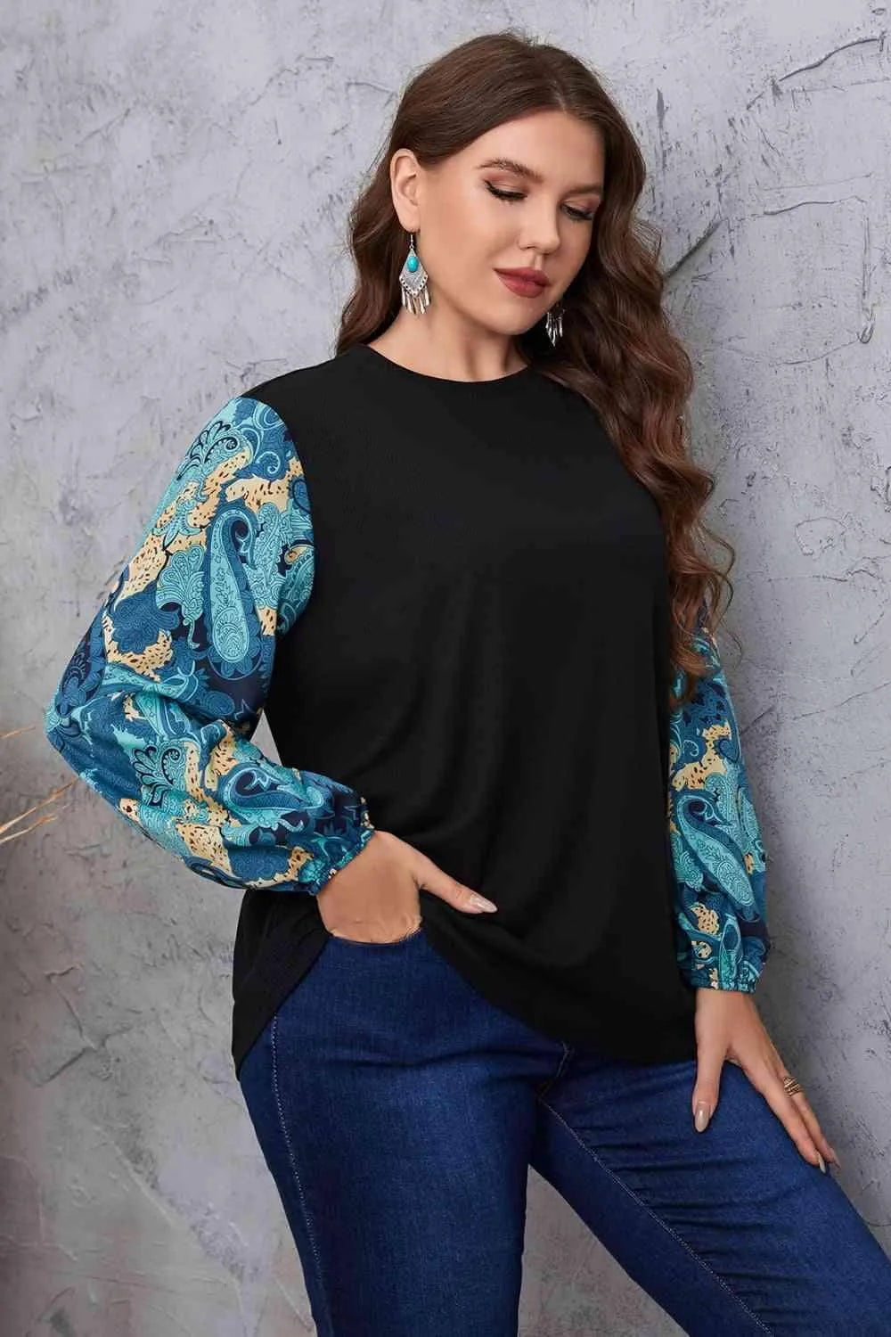 Melo Apparel Plus Size Printed Sleeve Round Neck Blouse Blouses - Tophatter Daily Deals