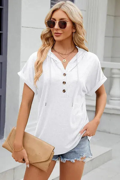 Half Button Drawstring Short Sleeve Hooded T-Shirt White Women's T-Shirts - Tophatter Daily Deals