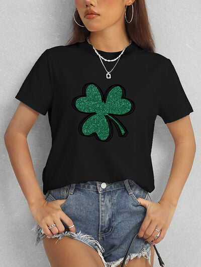 Lucky Clover Round Neck T-Shirt Black Women's T-Shirts - Tophatter Daily Deals