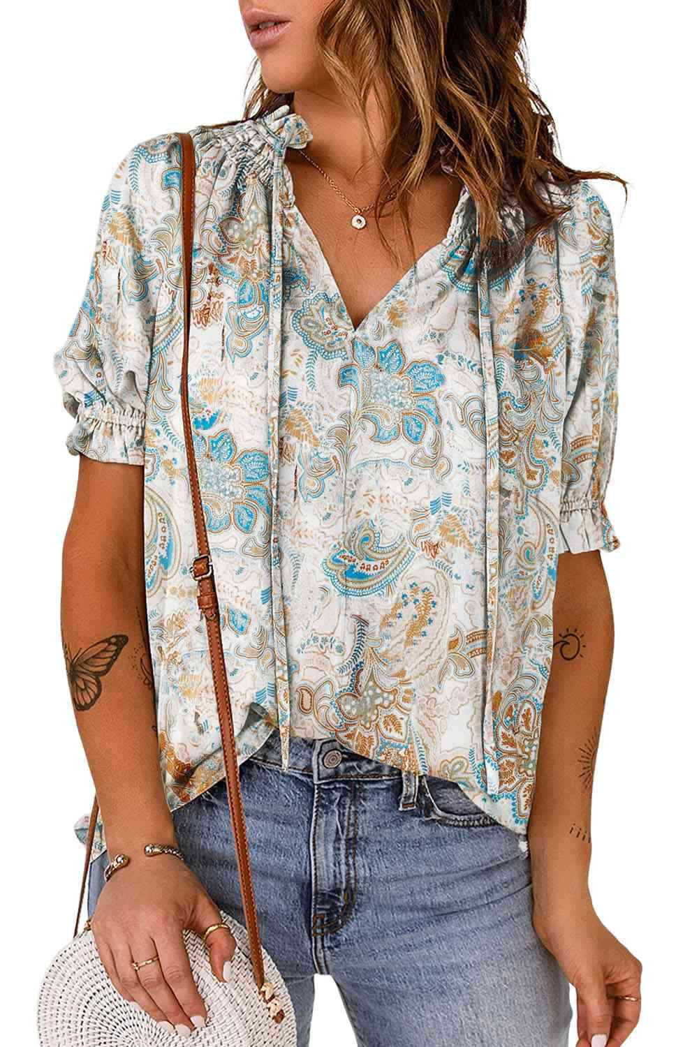 Printed Tie Neck Flounce Sleeve Top Blouses - Tophatter Daily Deals