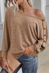 Boat Neck Buttoned Long Sleeve T-Shirt Women's T-Shirts - Tophatter Daily Deals