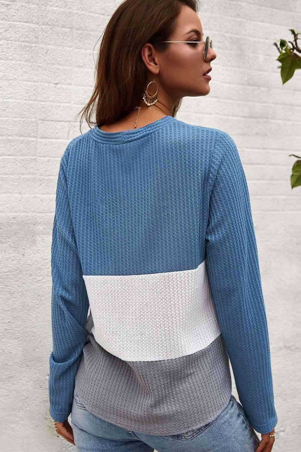 Color Block Waffle Knit V-Neck Top Blouses - Tophatter Daily Deals