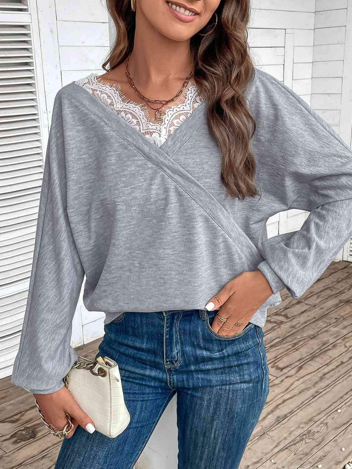 Lace Detail Long Sleeve Top Blouses - Tophatter Daily Deals