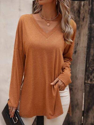 V-Neck Slit Long Sleeve T-Shirt Caramel Women's T-Shirts - Tophatter Daily Deals