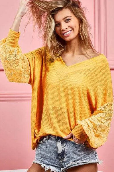BiBi V-Neck Mesh Lantern Sleeve Top Blouses - Tophatter Daily Deals