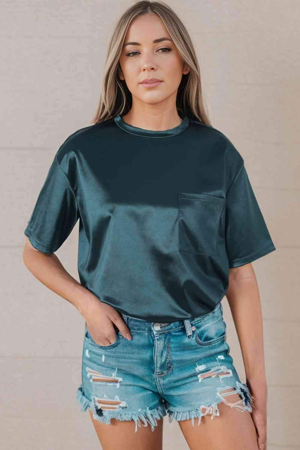 Double Take Round Neck Dropped Shoulder Top Black Forest Women's T-Shirts - Tophatter Daily Deals