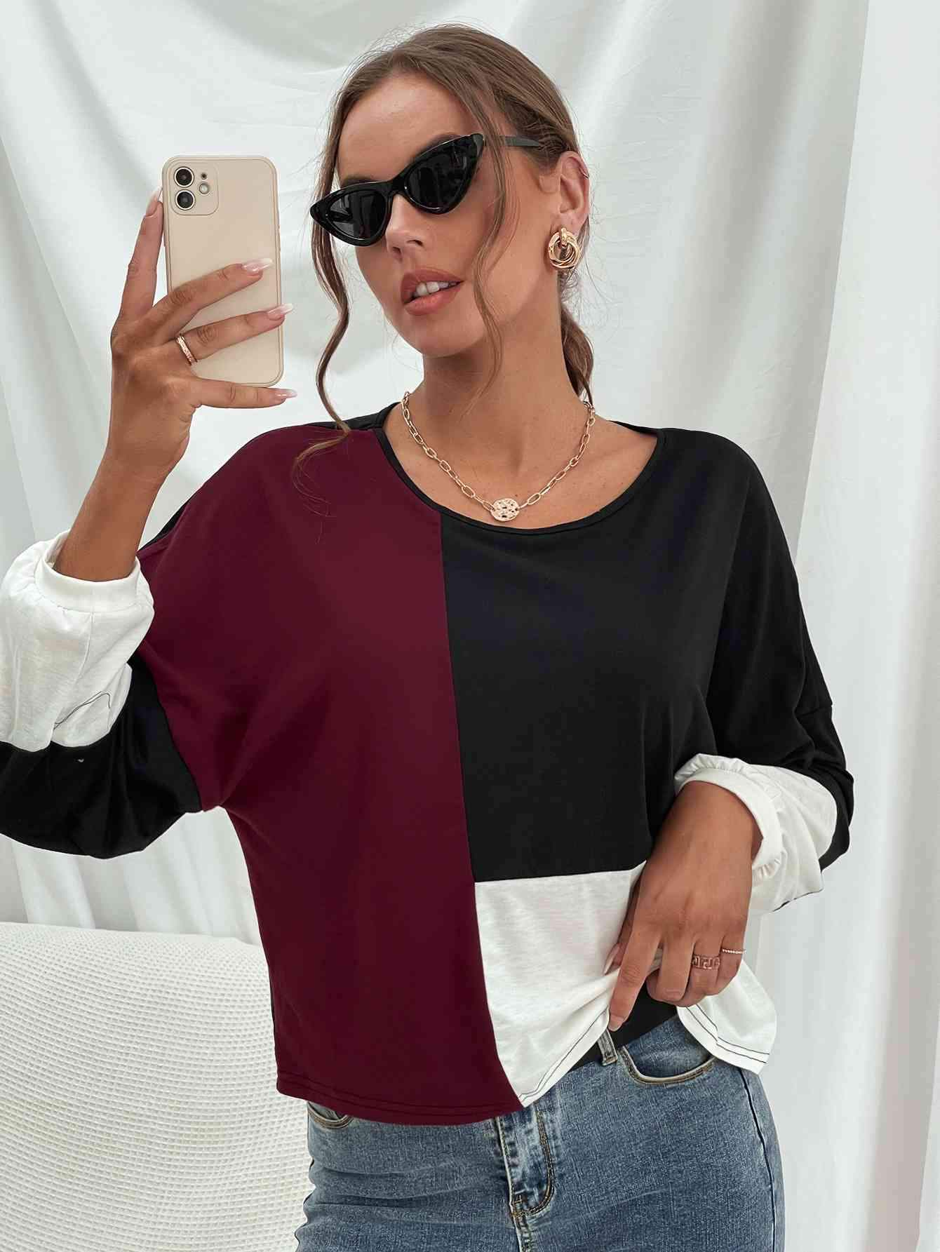 Three-Tone Color Block Dropped Shoulder Long Sleeve Tee Blouses - Tophatter Daily Deals