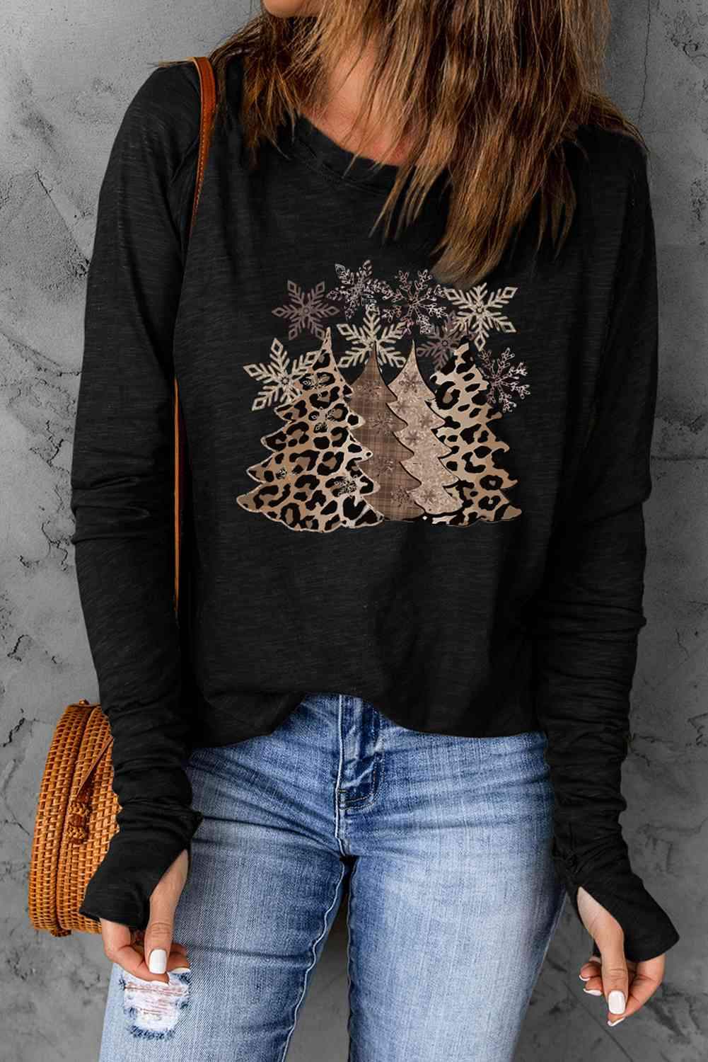 Christmas Tree Graphic Long Sleeve T-Shirt Black Women's T-Shirts - Tophatter Daily Deals