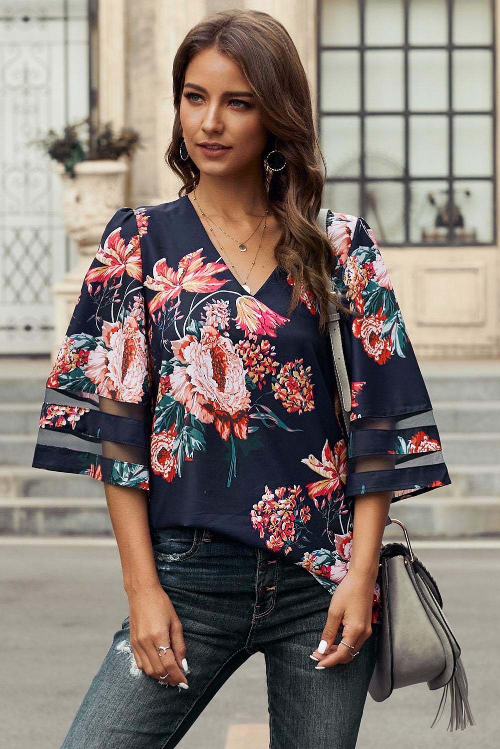 Printed Flare Sleeve Top Red Floral Blouses - Tophatter Daily Deals