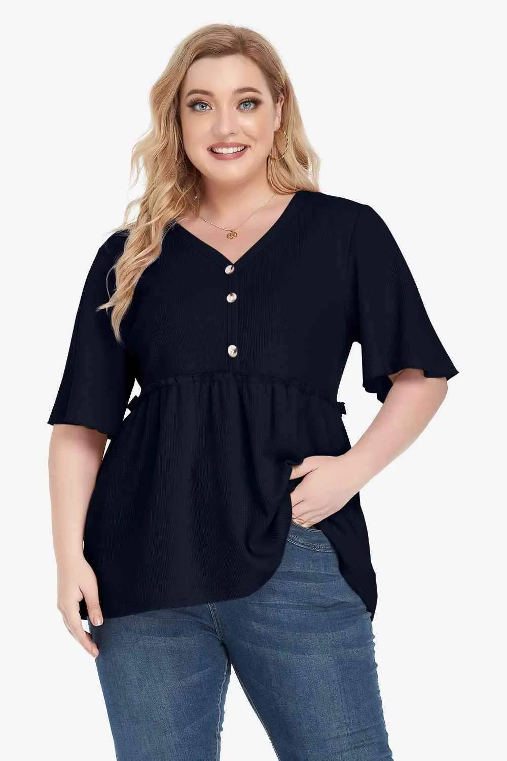 Plus Size Buttoned V-Neck Frill Trim Babydoll Blouse Navy Blouses - Tophatter Daily Deals