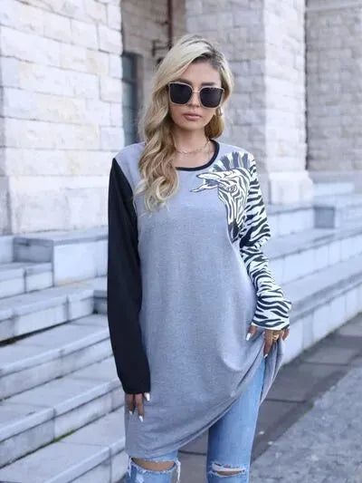 Zebra Print Round Neck Long Sleeve T-Shirt Women's T-Shirts - Tophatter Daily Deals