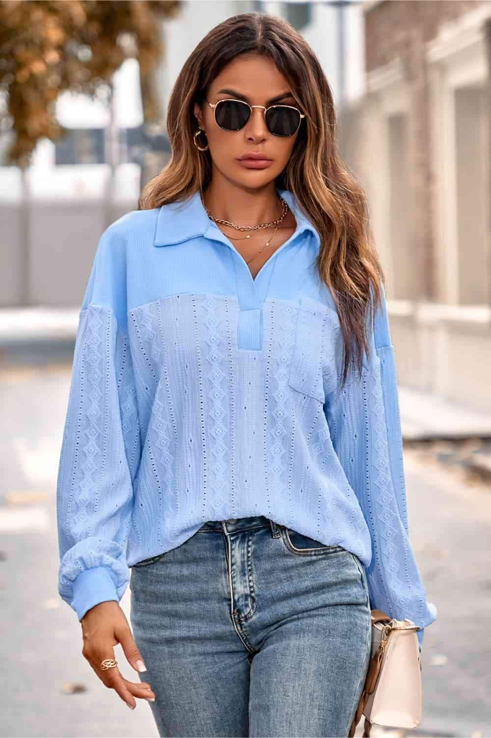 Johnny Collar Long Sleeve Blouse Pastel Blue Blouses - Tophatter Daily Deals