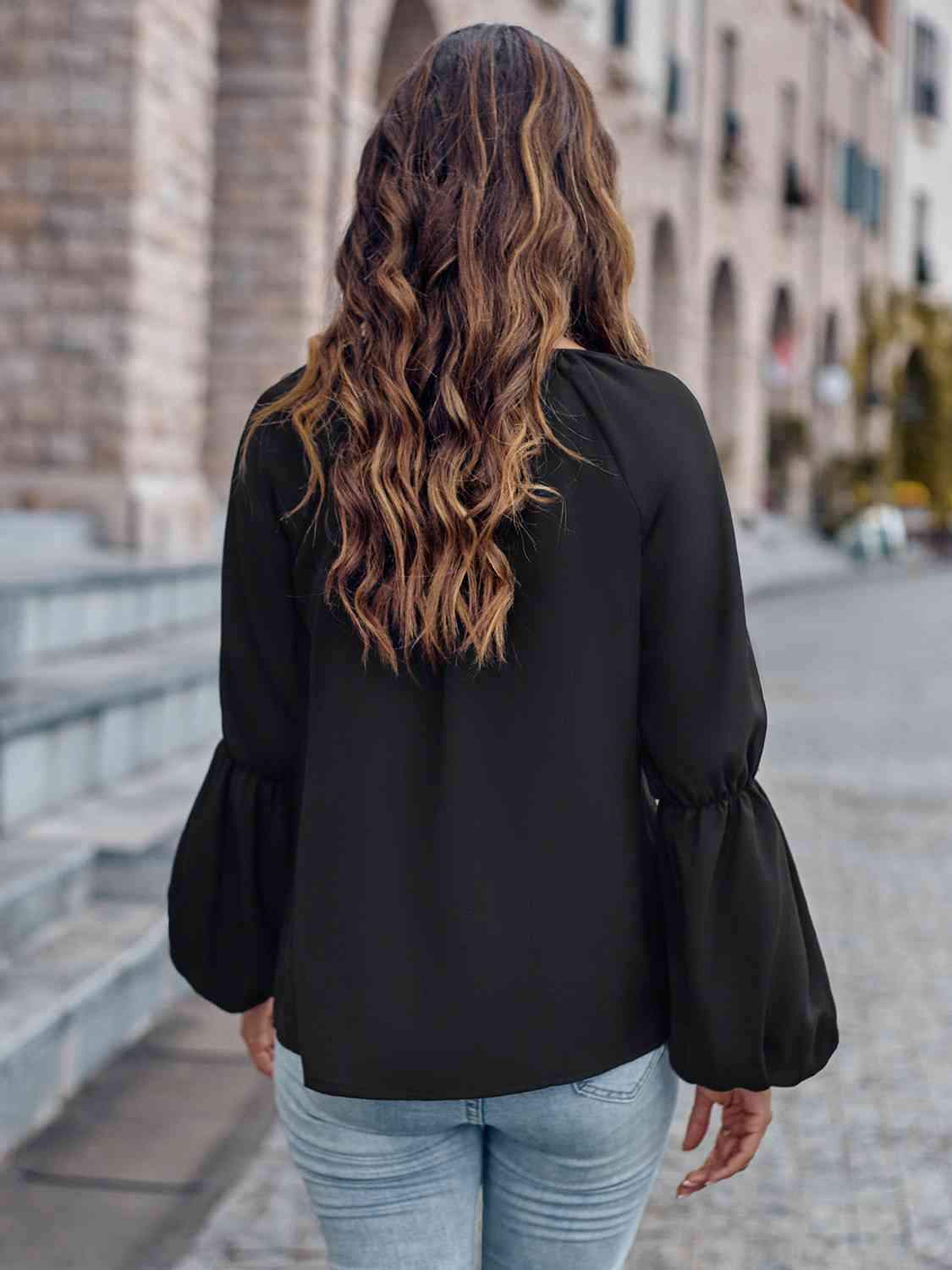 Notched Neck Long Sleeve Top Blouses - Tophatter Daily Deals