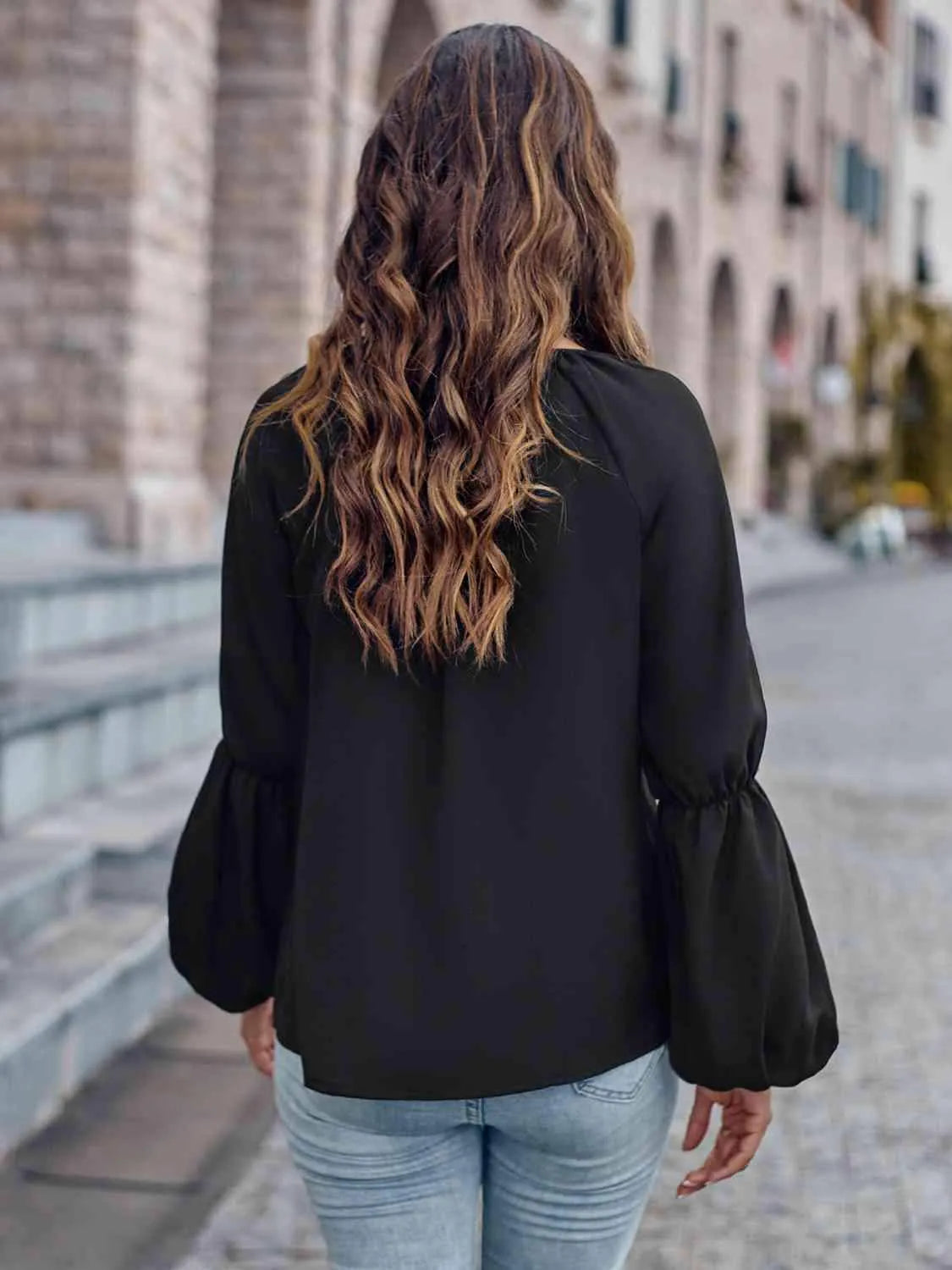 Notched Neck Long Sleeve Top Blouses - Tophatter Daily Deals