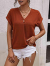 Buttoned V-Neck Short Sleeve Blouse Brick Red Blouses - Tophatter Daily Deals