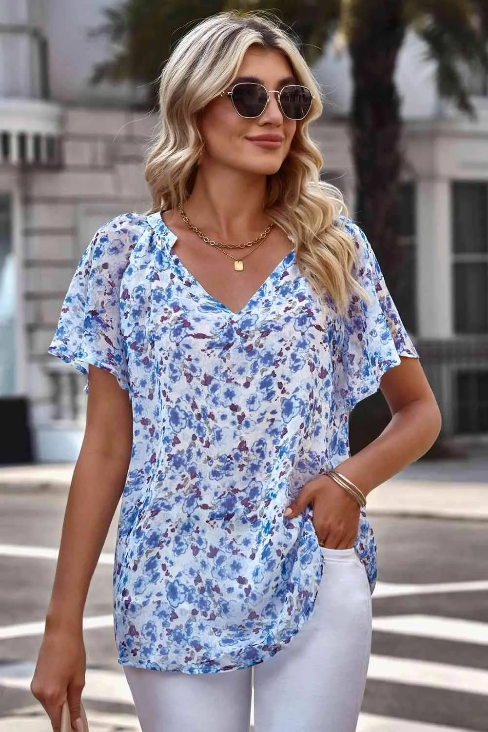 Floral Notched Neck Flutter Sleeve Blouse Blouses - Tophatter Daily Deals