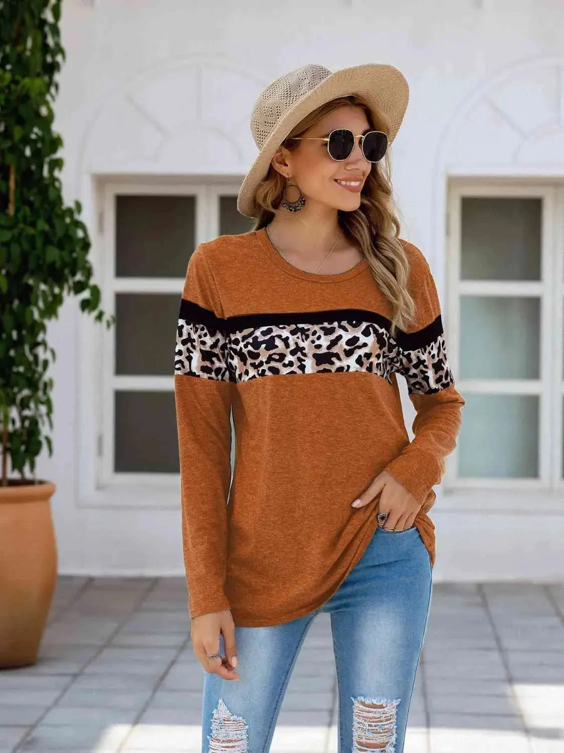 Leopard Round Neck Long Sleeve T-Shirt Terracotta Women's T-Shirts - Tophatter Daily Deals