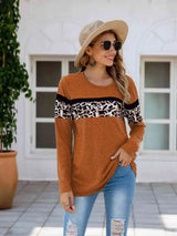 Leopard Round Neck Long Sleeve T-Shirt Terracotta Women's T-Shirts - Tophatter Daily Deals