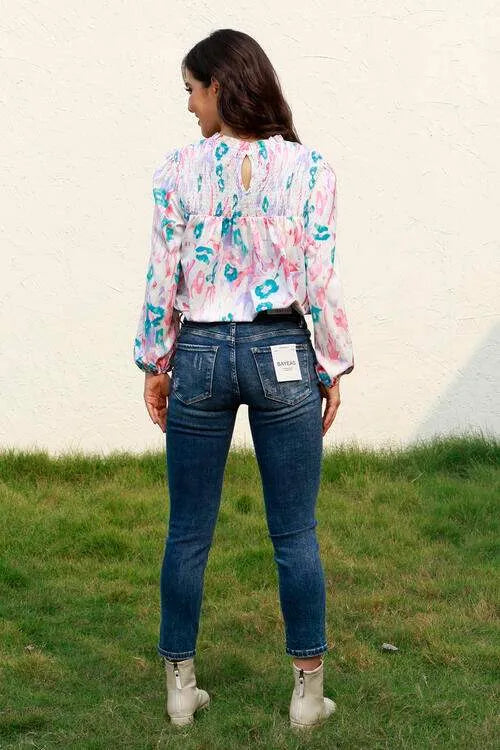 Floral Smocked Balloon Sleeve Round Neck Blouse Blouses - Tophatter Daily Deals