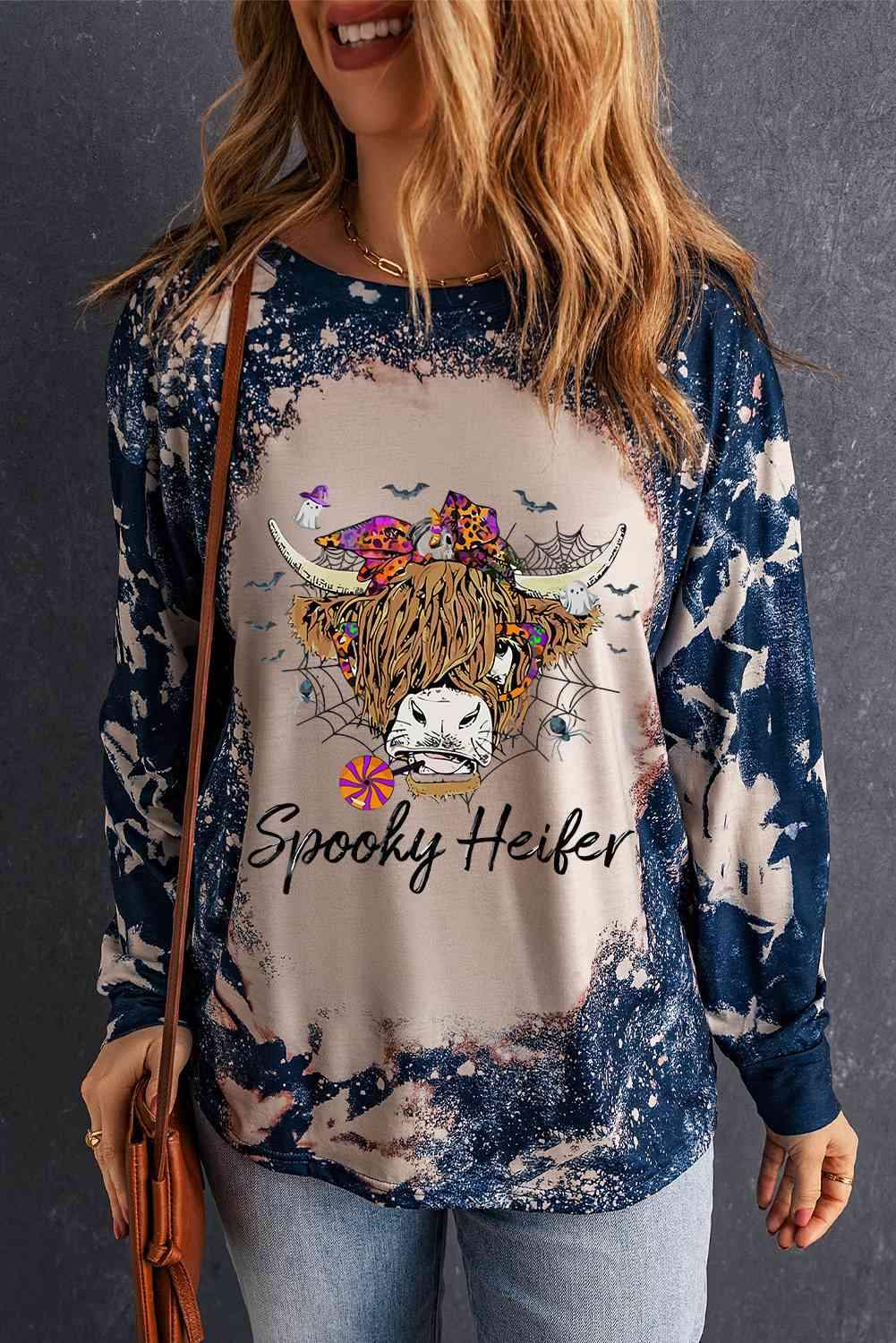 Round Neck Long Sleeve Printed SPOOKY HEIFER Graphic Tee Women's T-Shirts - Tophatter Daily Deals