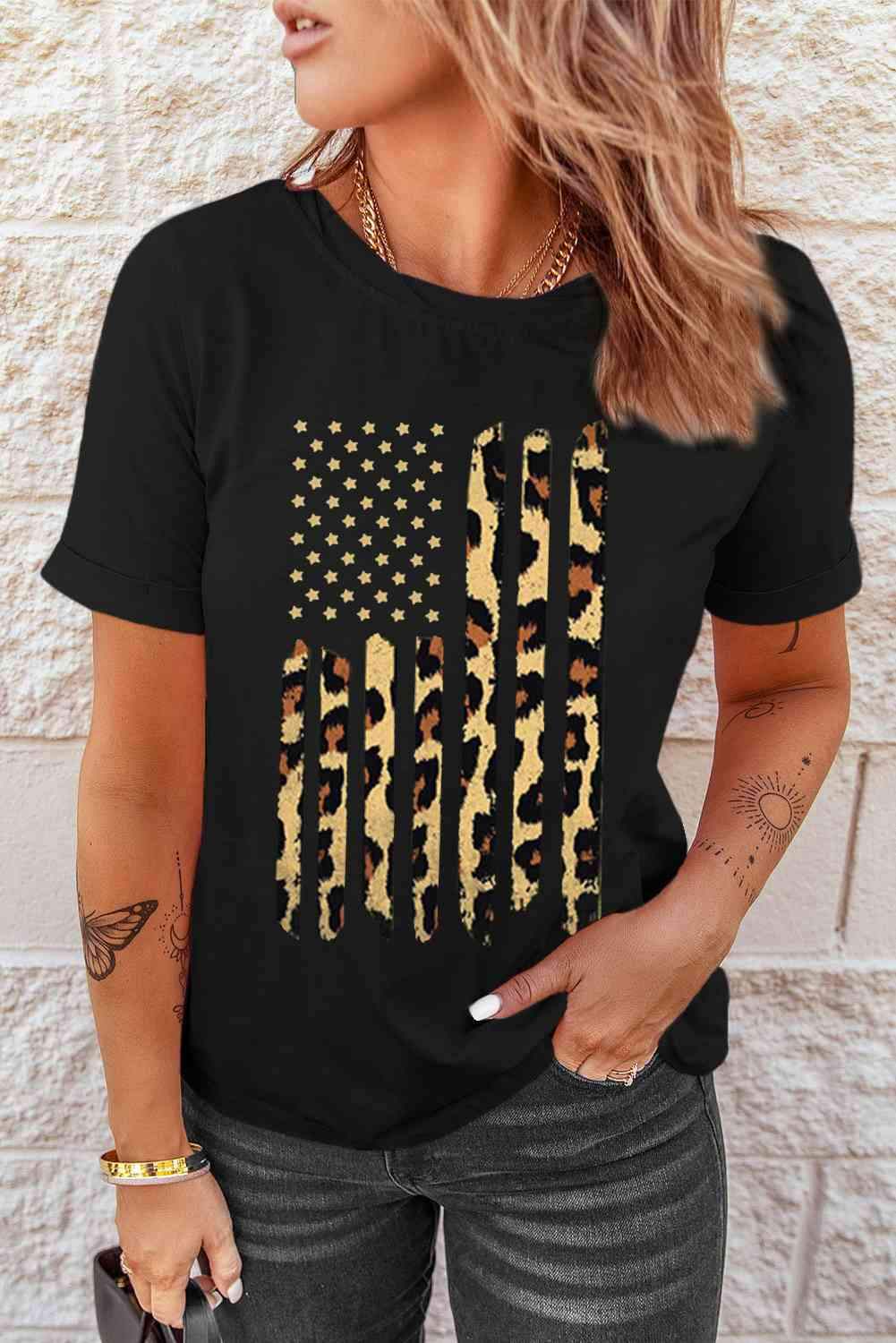 Stars and Stripes Graphic Round Neck Tee Black Women's T-Shirts - Tophatter Daily Deals