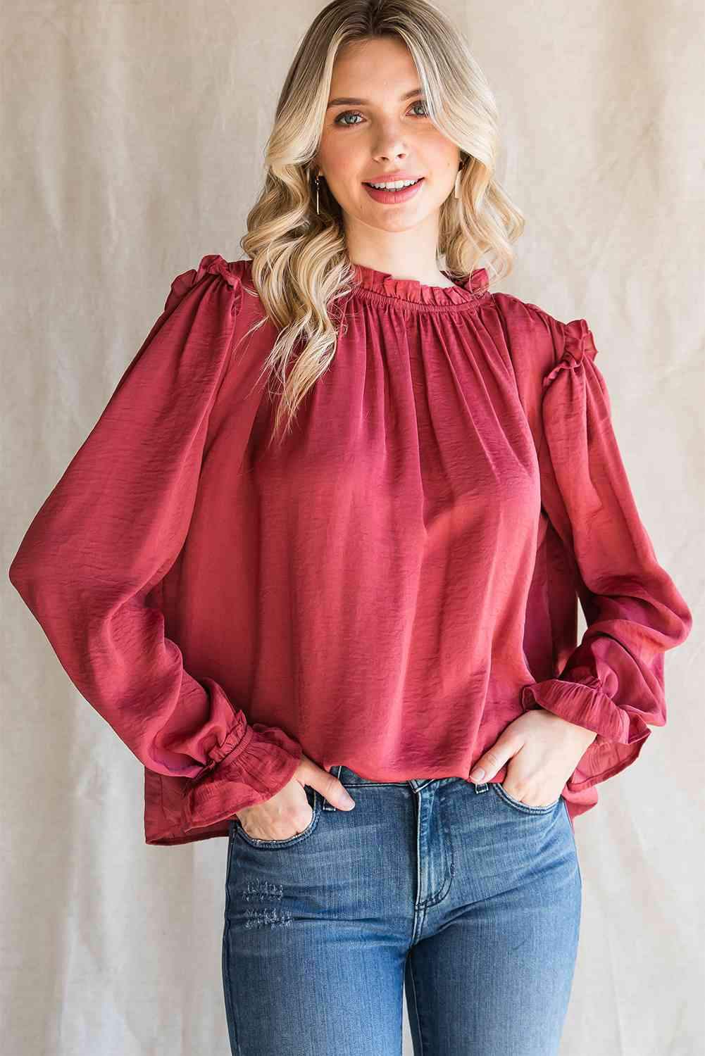 Frilled Neck Long Flounce Sleeve Blouse Blouses - Tophatter Daily Deals