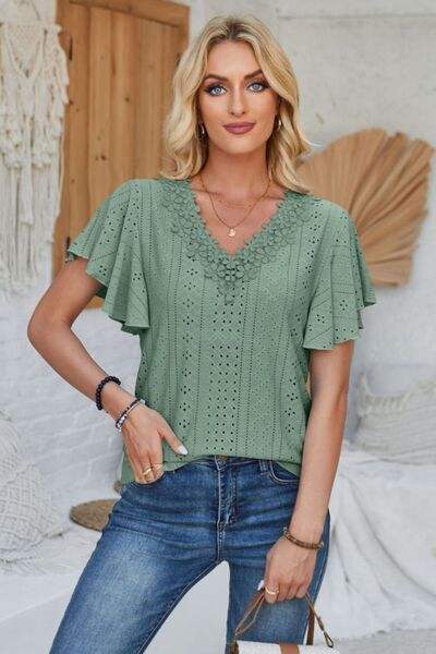 Eyelet Applique V-Neck Cap Sleeve T-Shirt Women's T-Shirts - Tophatter Daily Deals