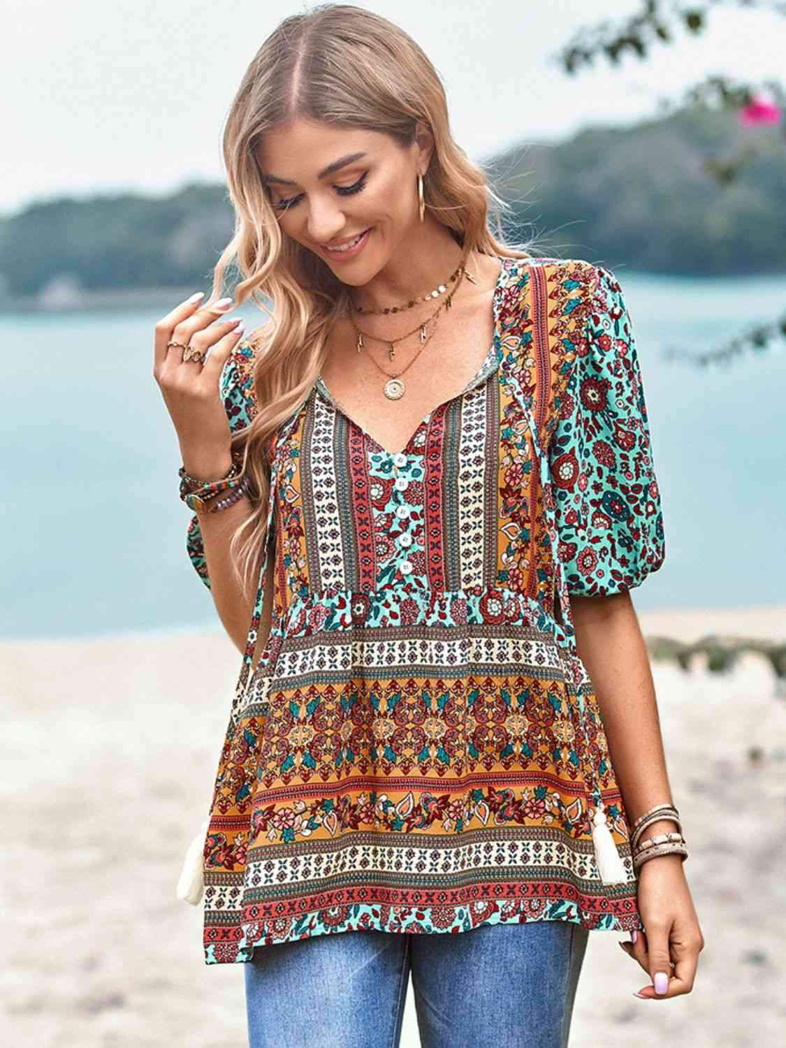 Bohemian Tie Neck Babydoll Blouse Multicolor Blouses - Tophatter Daily Deals