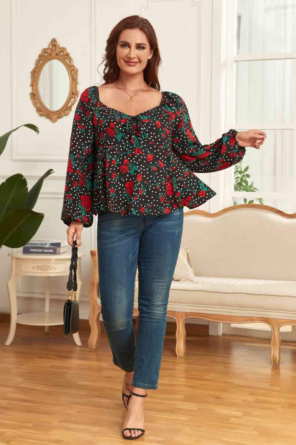 Melo Apparel Plus Size Floral Balloon Sleeve Blouse Blouses - Tophatter Daily Deals