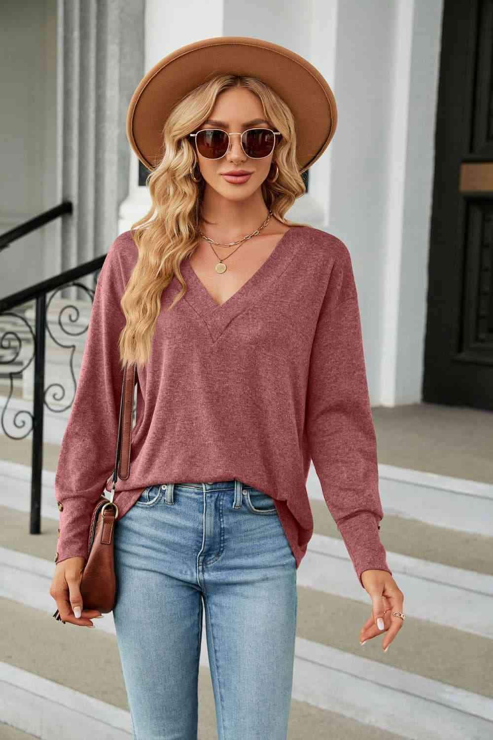 V-Neck Long Sleeve T-Shirt Moonlit Mauve Women's T-Shirts - Tophatter Daily Deals