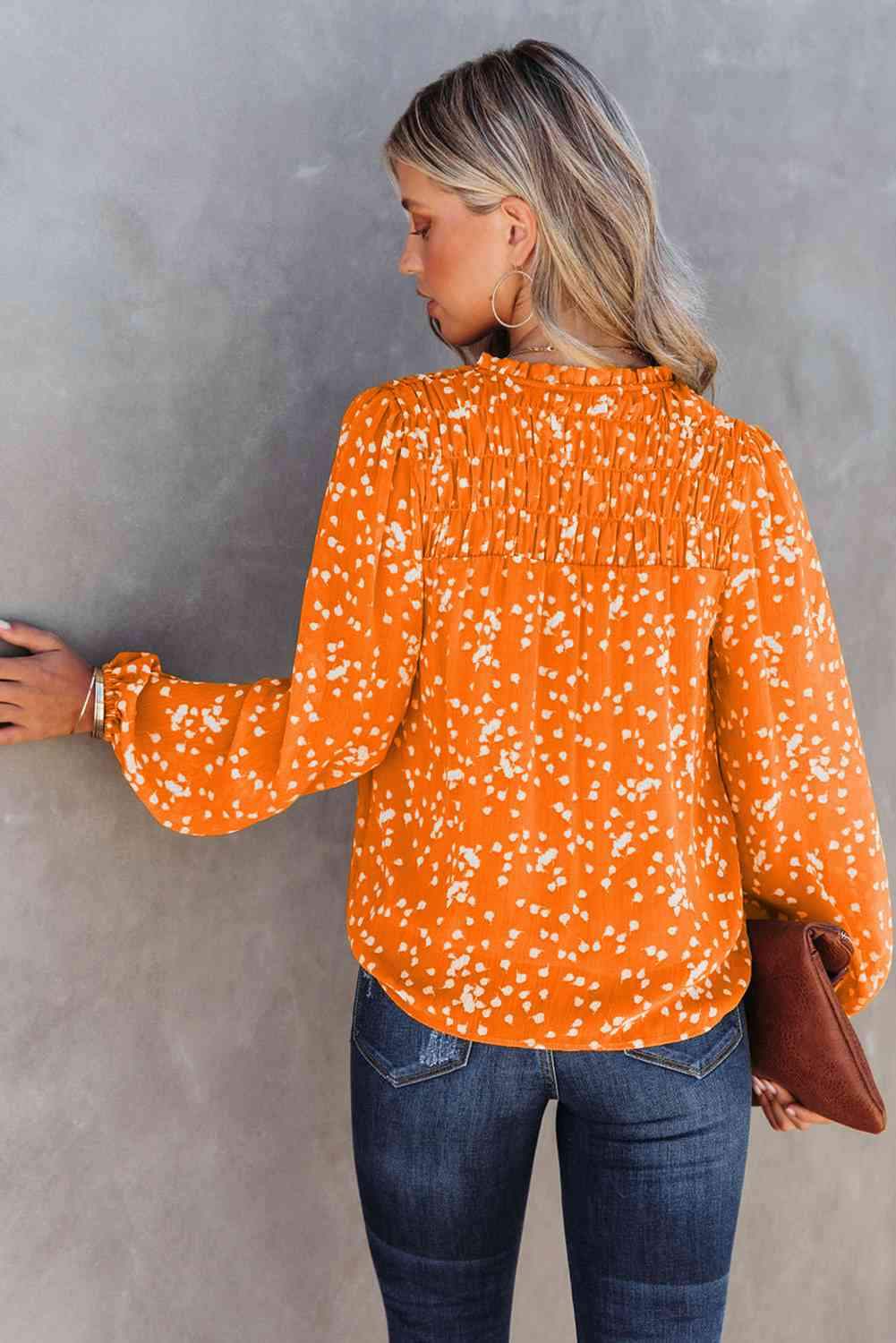 Double Take Printed Notched Neck Smocked Blouse Blouses - Tophatter Daily Deals