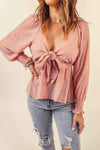 Striped Deep V Bow Detail Babydoll Top Blouses - Tophatter Daily Deals