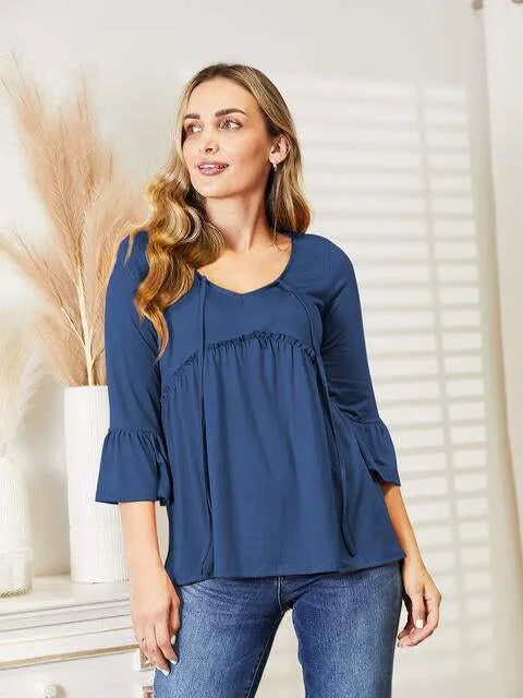 Ninexis Flounce Sleeve Full Size Babydoll Blouse Peacock Blue Blouses - Tophatter Daily Deals