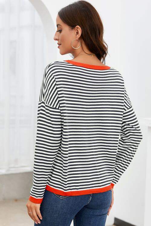 Striped Round Neck Drop Shoulder T-Shirt Blouses - Tophatter Daily Deals