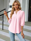 Notched Neck Three-Quarter Sleeve Blouse Blush Pink Women's T-Shirts - Tophatter Daily Deals