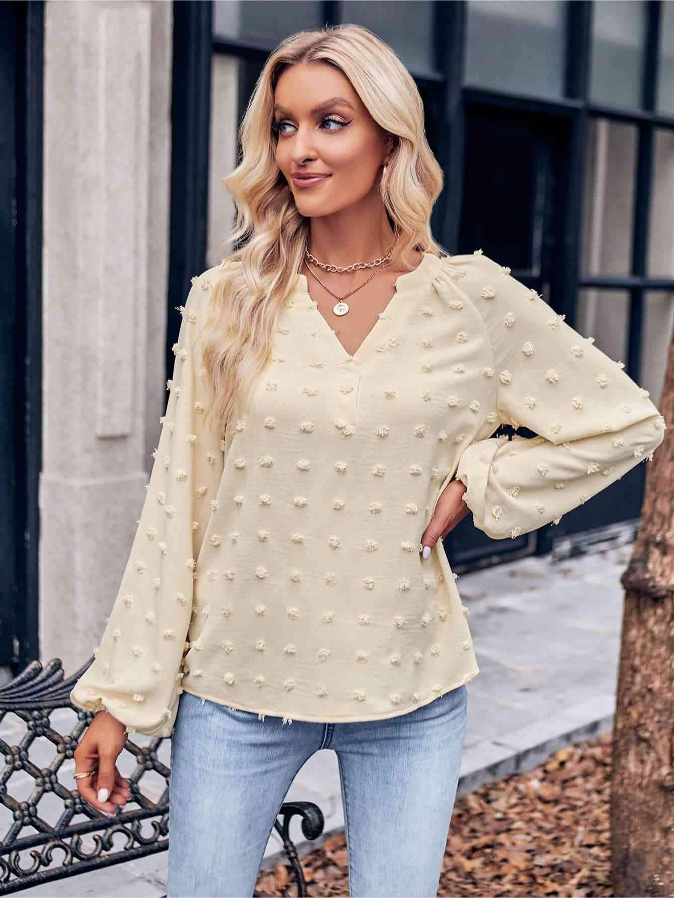 Swiss Dot Notched Neck Long Sleeve Blouse Cream Blouses - Tophatter Daily Deals