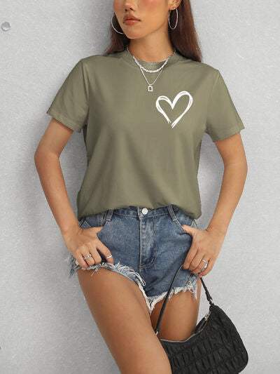 Heart Round Neck Short Sleeve T-Shirt Women's T-Shirts - Tophatter Daily Deals