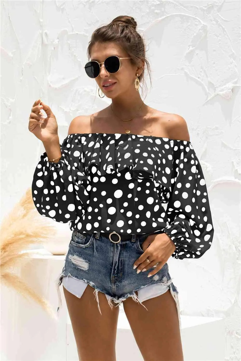 Polka Dot Off-Shoulder Layered Blouse Blouses - Tophatter Daily Deals