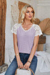 Eyelet V-Neck Lace Short Sleeve T-Shirt Women's T-Shirts - Tophatter Daily Deals