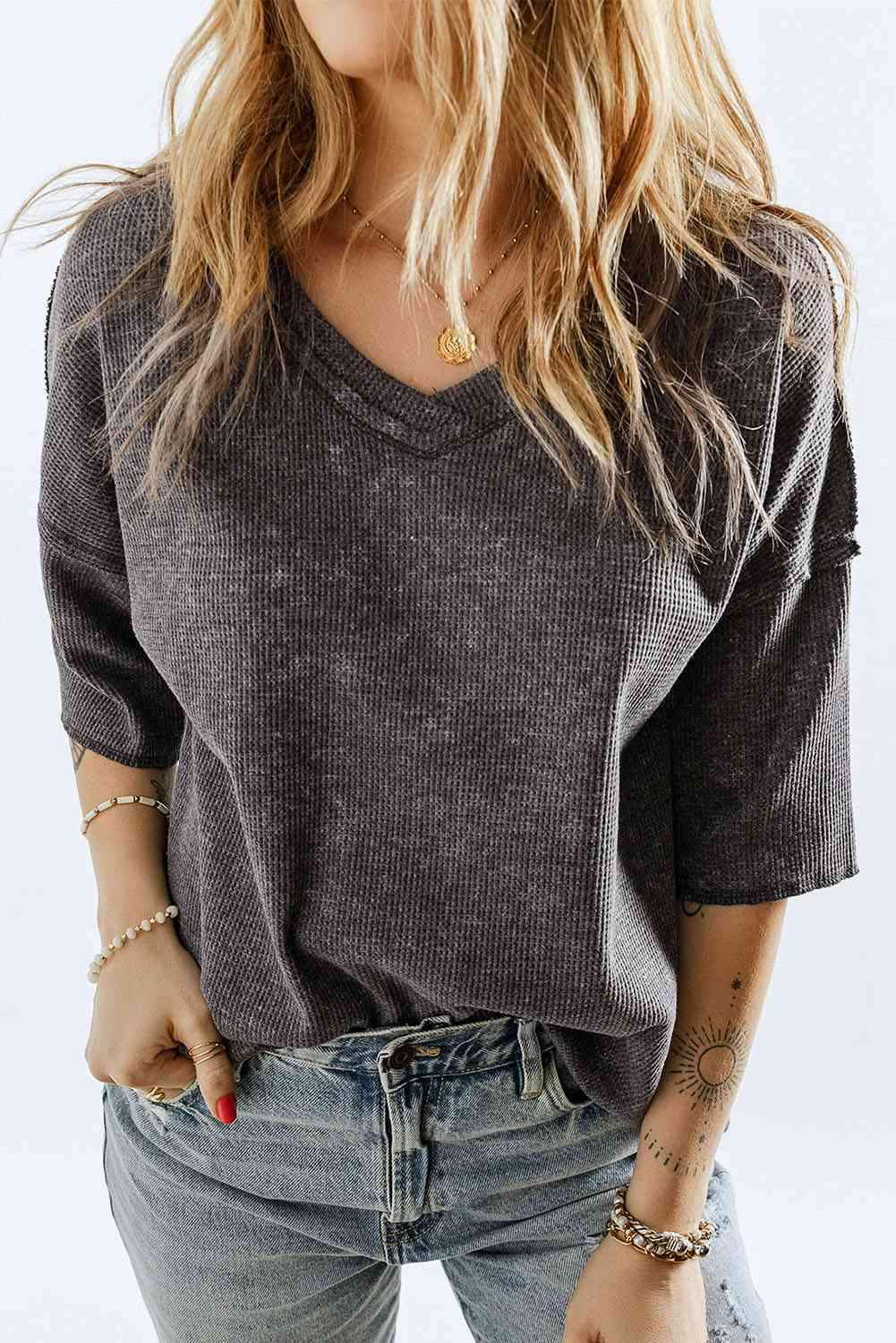 V-Neck Dropped Shoulder Tee Women's T-Shirts - Tophatter Daily Deals