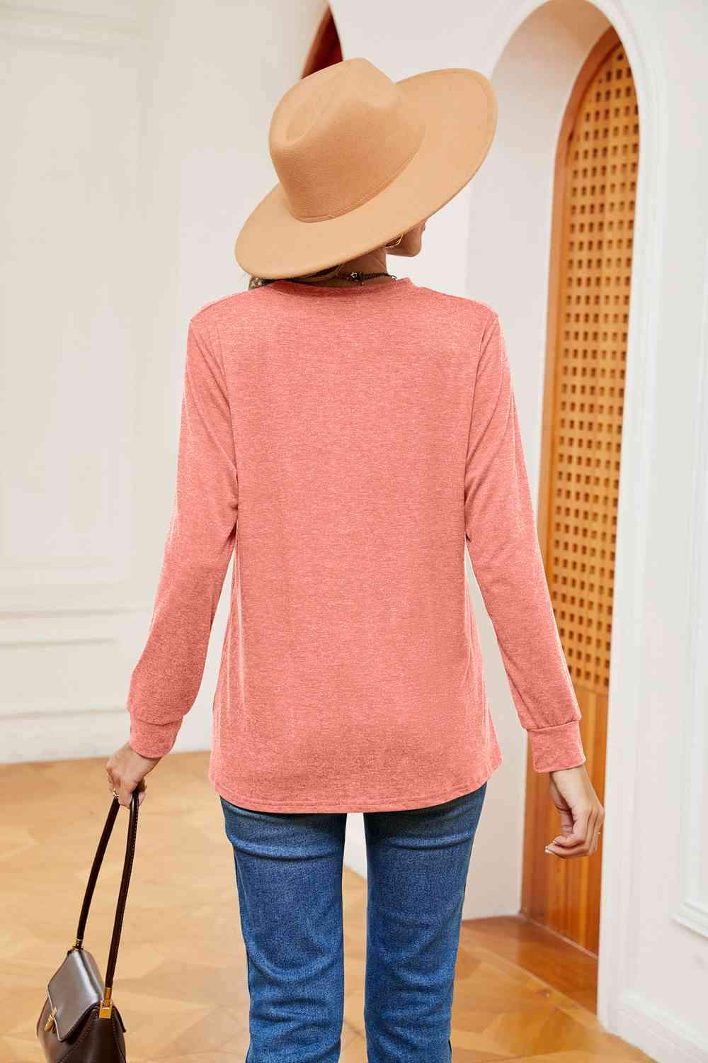 Buttoned Notched Neck Long Sleeve Top Blouses - Tophatter Daily Deals